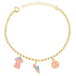 Pulseira infantil de elos baby look, chuteira e bola folheado em ouro